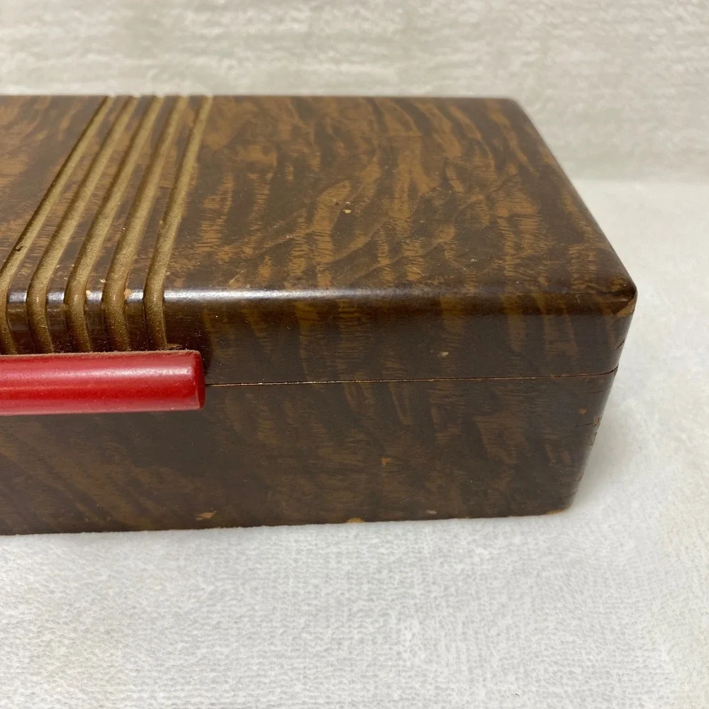 Vintage Bakelite Red Handle Wood Grain Jewelry Trinket Box Art‎ Deco Storage